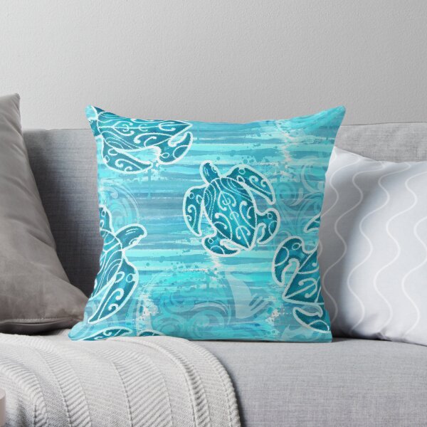 Blue Hawaiian Tribal Turtles Throw Pillow