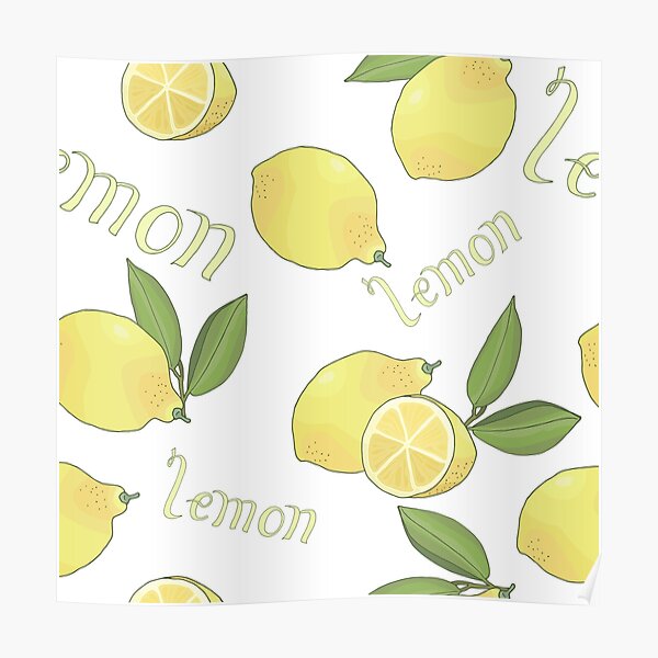 seamless pattern with tasty ripe lemons green leaves and lettering Poster