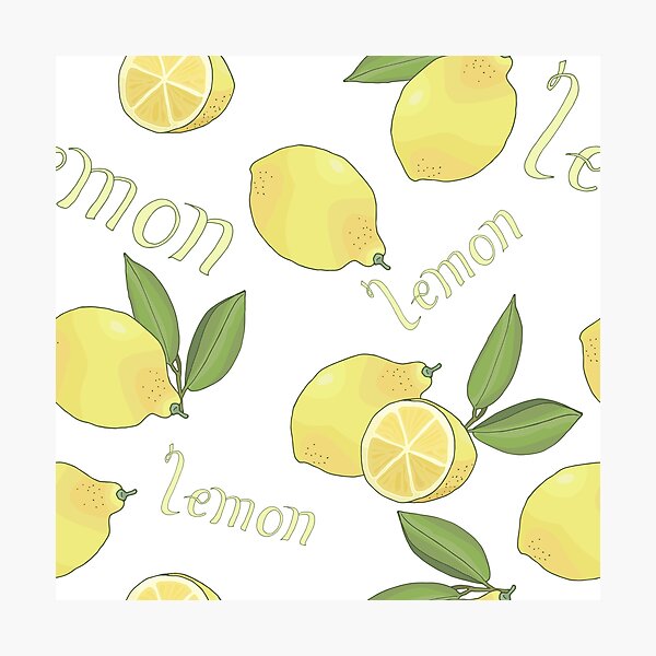 seamless pattern with tasty ripe lemons green leaves and lettering Photographic Print