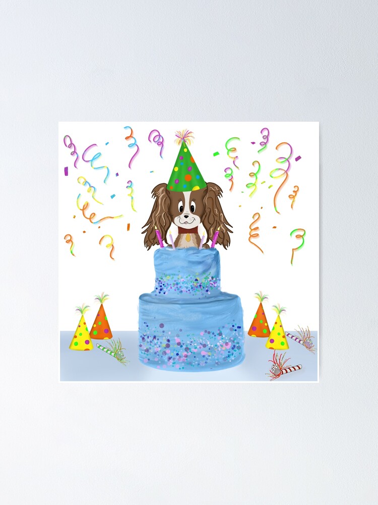 Poster Joyeux Anniversaire Cavalier King Charles Spaniel Avec Un Gateau Par Daphsam Redbubble