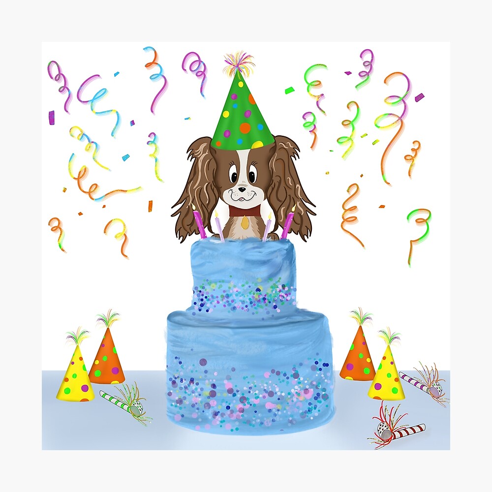 Poster Joyeux Anniversaire Cavalier King Charles Spaniel Avec Un Gateau Par Daphsam Redbubble