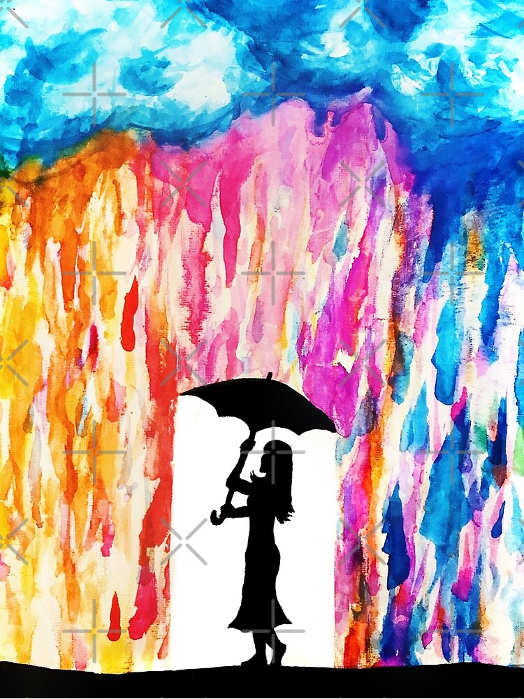Watercolor Rain And Girl Holding Umbrella Poster