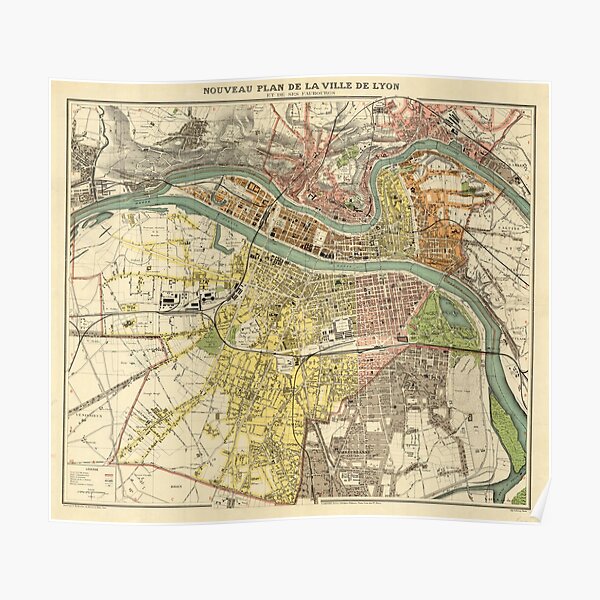 Carte ancienne de Lyon France (1913) Poster