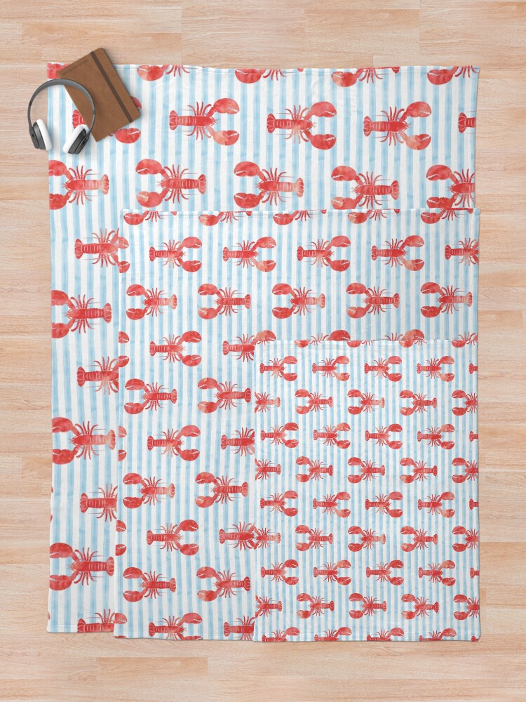 Thumbnail 5 of 6, Throw Blanket, Lobsters on blue stripes designed and sold by littlearrow.