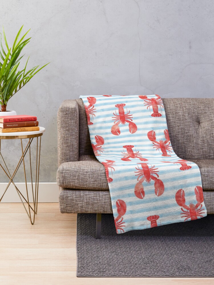 Thumbnail 2 of 6, Throw Blanket, Lobsters on blue stripes designed and sold by littlearrow.