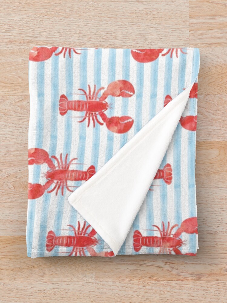Thumbnail 3 of 6, Throw Blanket, Lobsters on blue stripes designed and sold by littlearrow.