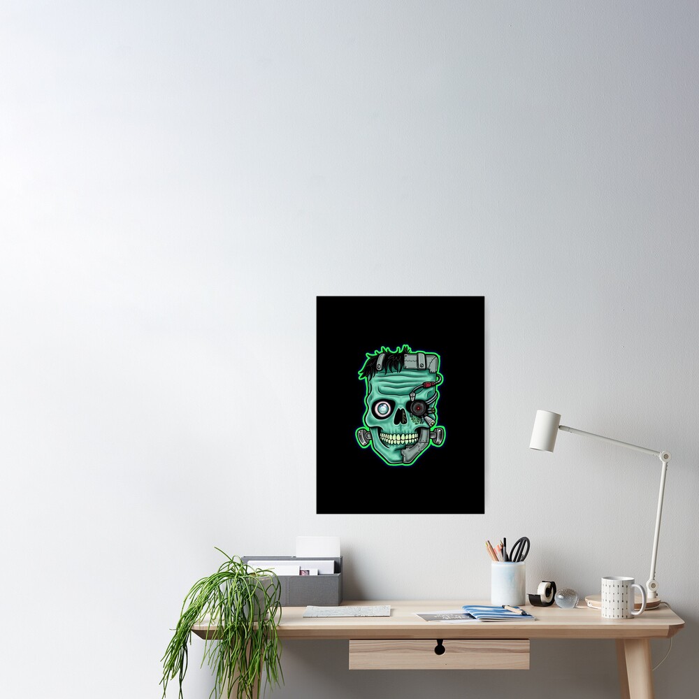 robot-frankenstein-skull-poster-by-squatchyink-redbubble