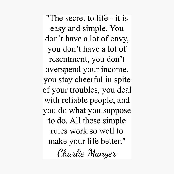 Impression Photo Charlie Munger Citation Le Secret De La Vie Est Facile Et Simple Noir Par Topower Redbubble