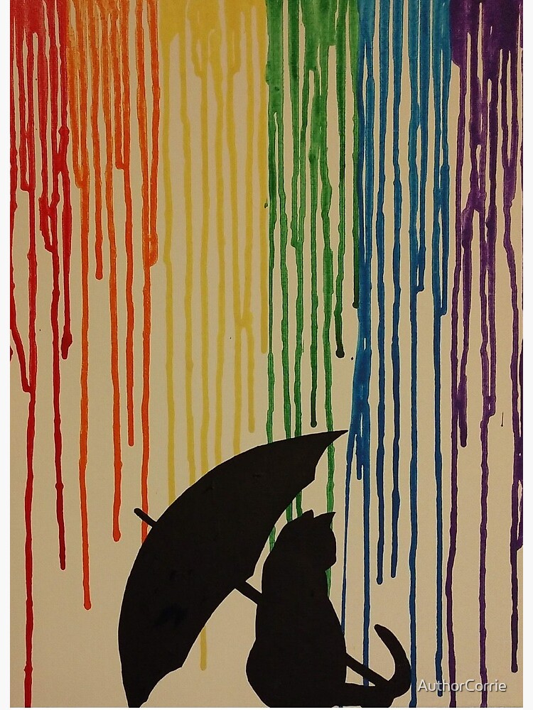 Cat With Umbrella Rainbow Rain Art Board Print By Authorcorrie Redbubble
