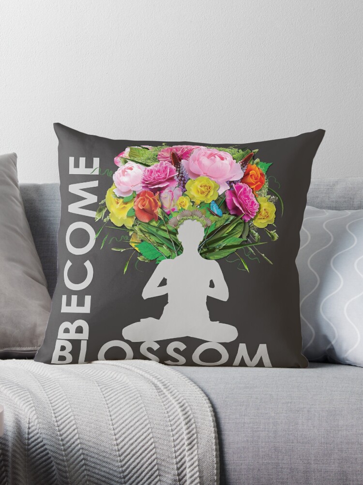 Thumbnail 1 of 3, Throw Pillow, BECOME Blossom - Inspirational Yoga Meditation Design designed and sold by BodyIllumin.