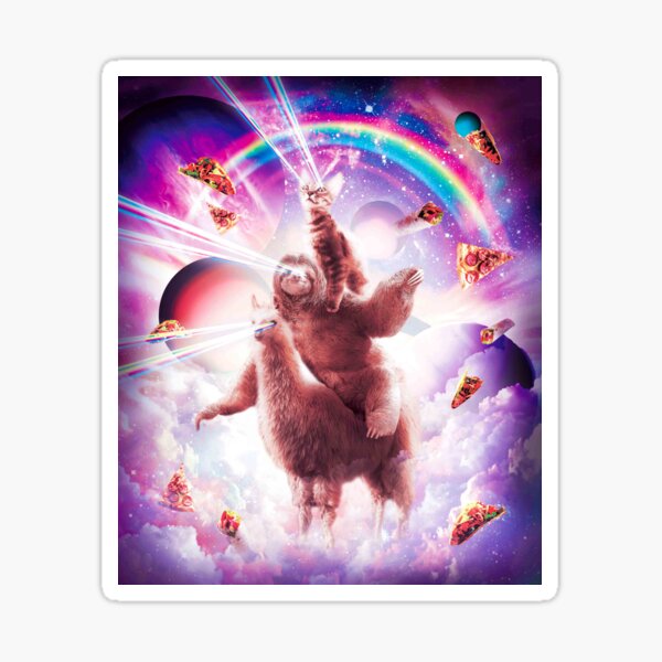 Laser Eyes Space Cat Riding Sloth, Llama - Rainbow Sticker