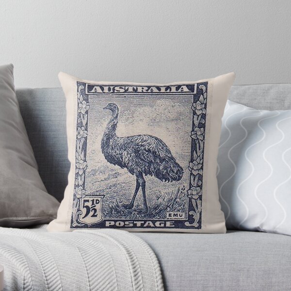Antique Australian postage stamp, 5.5d blue Emu bird Throw Pillow
