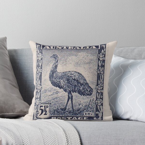 Antique Australian postage stamp, 5.5d blue Emu bird Throw Pillow