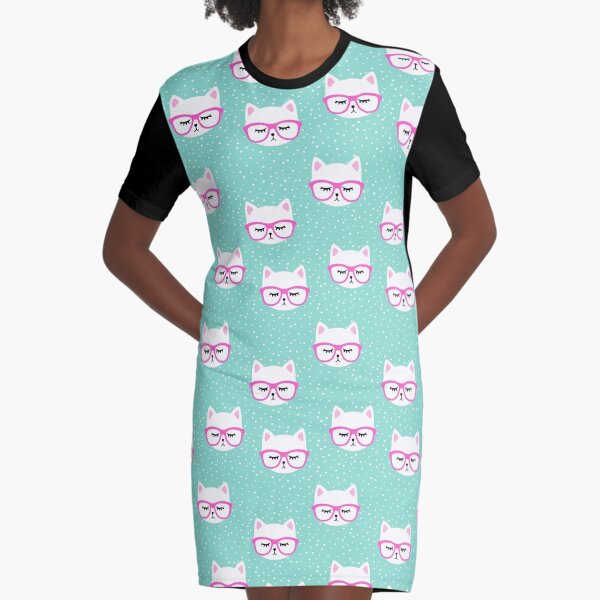 Cute Cat with Glasses Graphic T-Shirt Dress