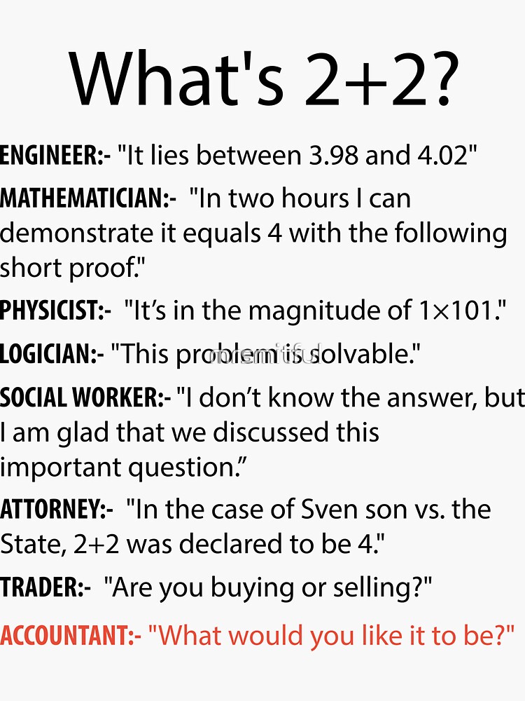 "What's 2+2? Funny CPA Certified Public Accountant Accounting Pun Jokes" Sticker for Sale by