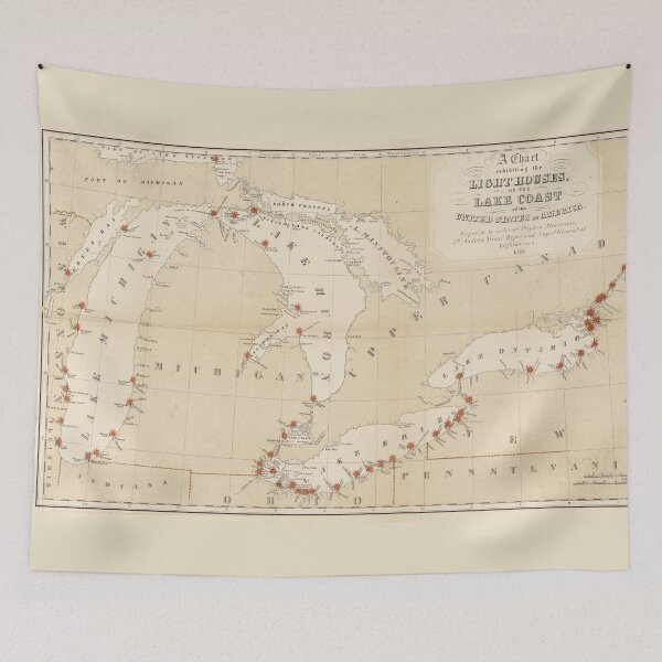 Item preview, Vintage Great Lakes Lighthouse Map (1848) designed and sold by BravuraMedia.