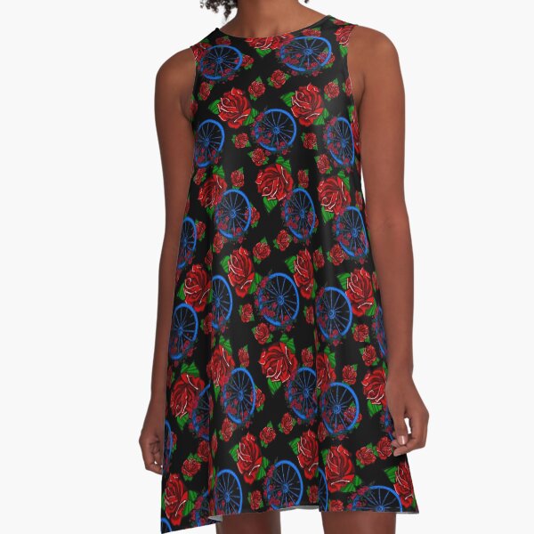 Wheel Rose Deadhead Repeat Pattern Grateful Dead Design A-Line Dress