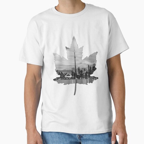 Vista previa del artículo con la obra «Hoja de arce con foto del horizonte de Toronto en blanco y negro», diseñado y vendido por Pam069.