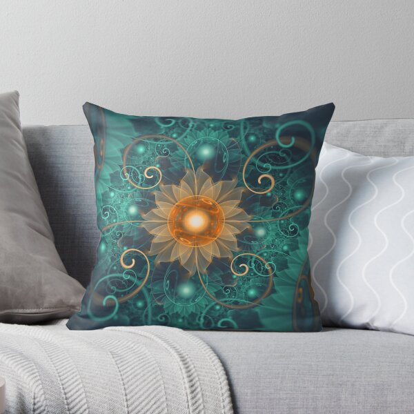 Beautiful Tangerine Orange and Teal Lotus Fractals Throw Pillow