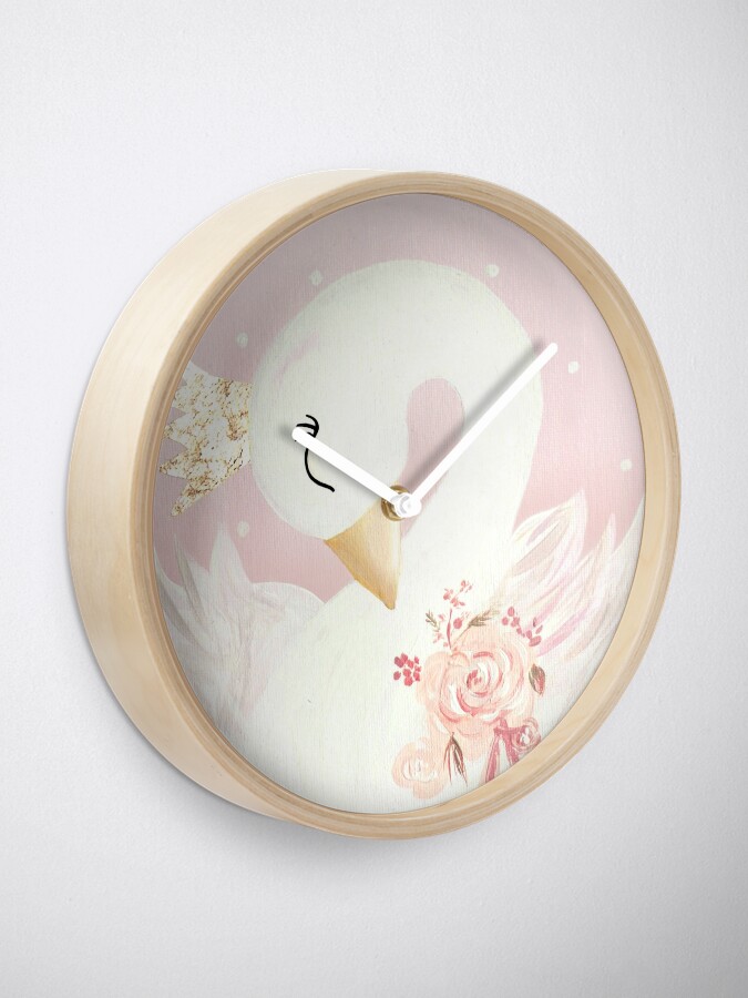 Swan Princess Bird Crown Pink Gold Flowers Clock By Theartistsfamil Redbubble