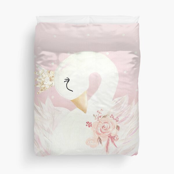 Swan Princess Bird Crown Pink Gold Flowers Duvet Cover