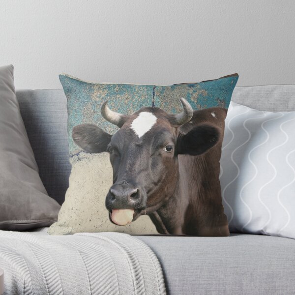 Cow Print Funny Cows Tongue Distressed Farm Gift for Cow Lovers Throw Pillow