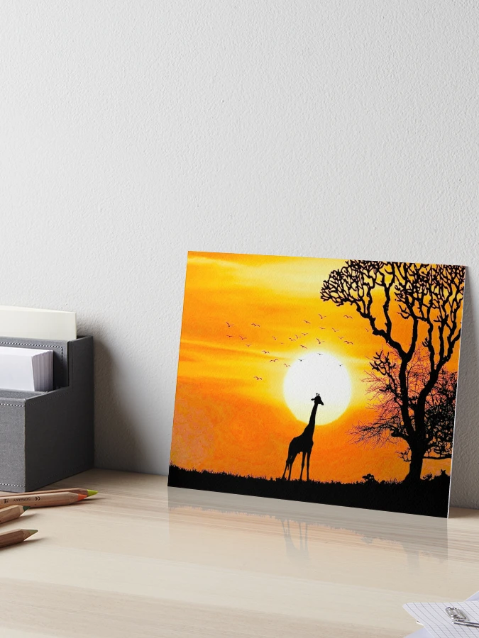 Red, Orange, Yellow and Black African Sunset Acrylic Painting 11x14 in Canvas  Board Wall Art Silhouette Painting Office Dorm Decor 