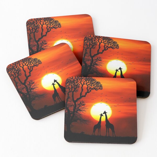 Item preview, Night in safari, Vibrant Dark Orange Sunset with Giraffe Silhouettes designed and sold by Moneline.
