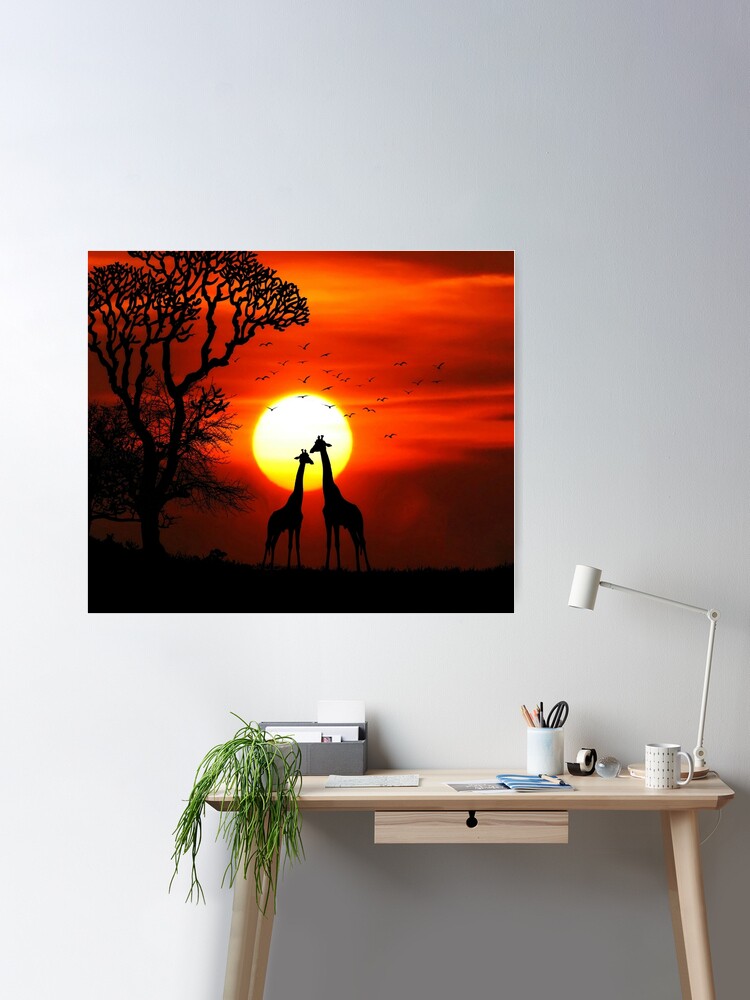 Red, Orange, Yellow and Black African Sunset Acrylic Painting 11x14 in Canvas  Board Wall Art Silhouette Painting Office Dorm Decor 