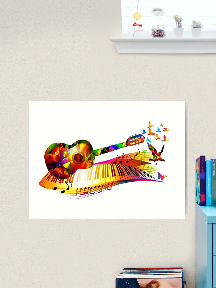 Colourful music design with guitar, piano, birds and musical