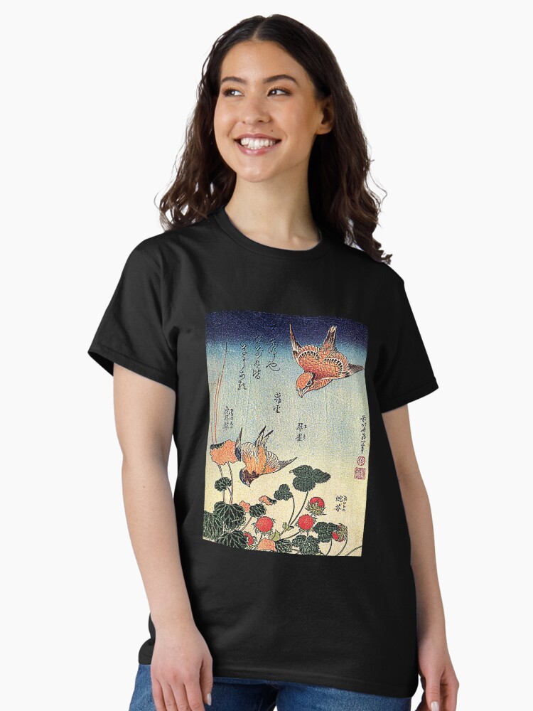 Thumbnail 1 of 7, Classic T-Shirt, 'Wild Strawberries and Birds' by Katsushika Hokusai (Reproduction) designed and sold by RozAbellera.
