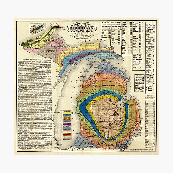 Vintage Michigan Geological Map (1865) Photographic Print