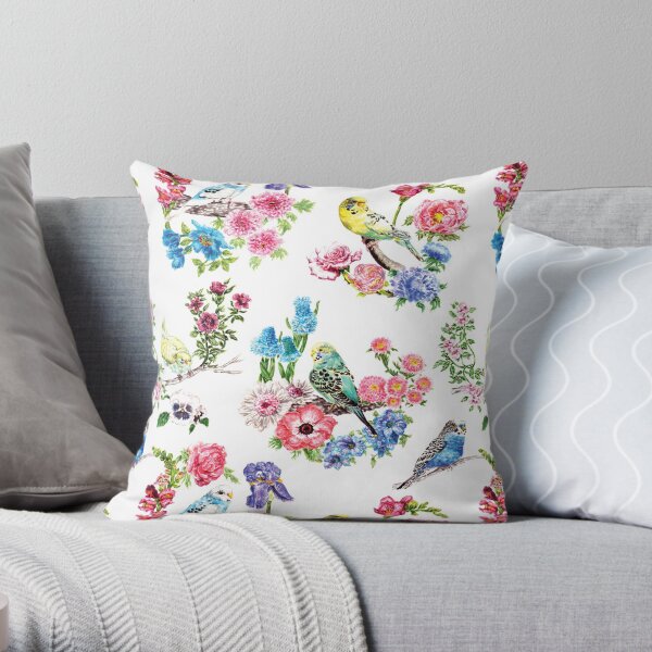 Watercolor Budgies and Flowers Throw Pillow