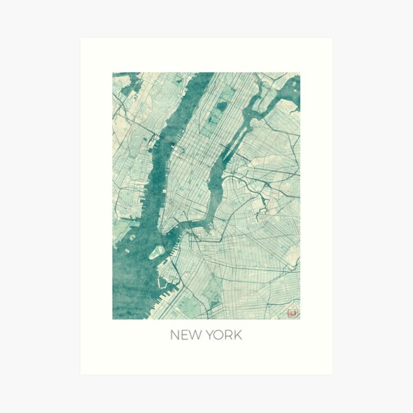 New York Map Blue Vintage Art Print