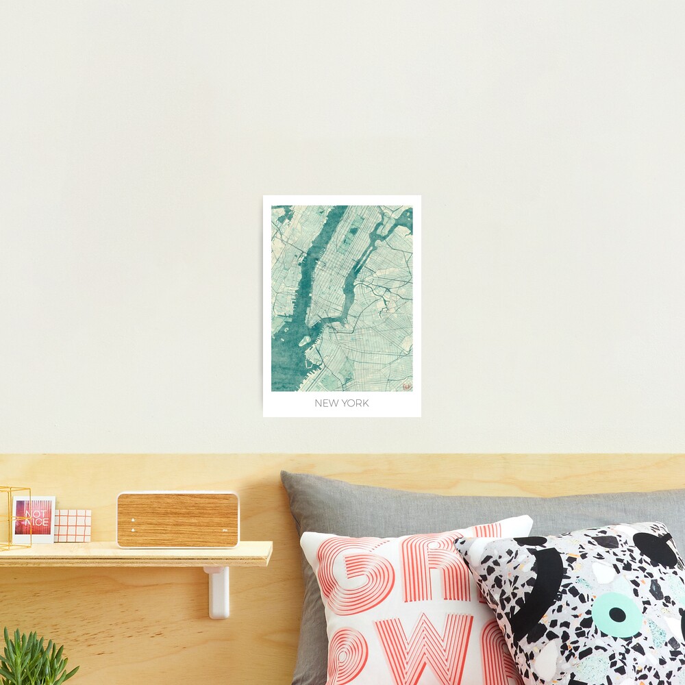 New York Map Blue Vintage Photographic Print