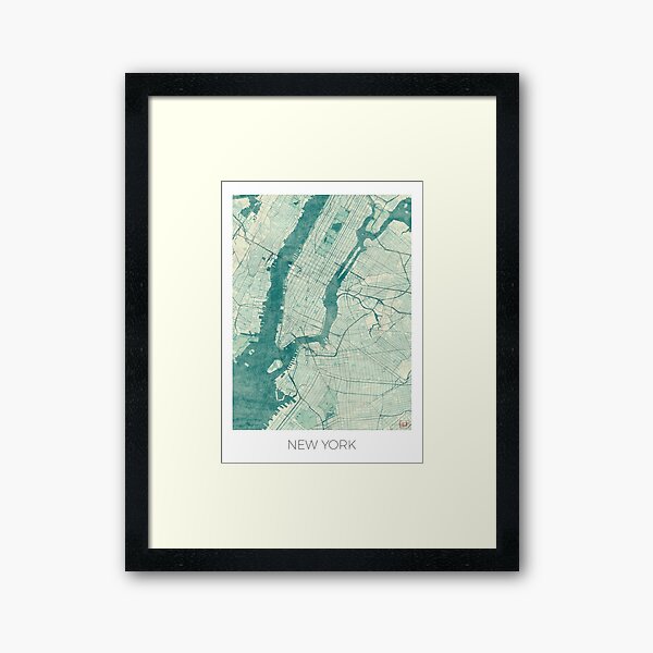 New York Map Blue Vintage Framed Art Print