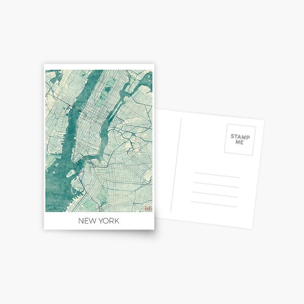 New York Map Blue Vintage Postcard