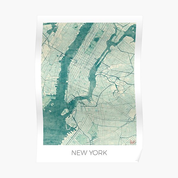 New York Map Blue Vintage Poster