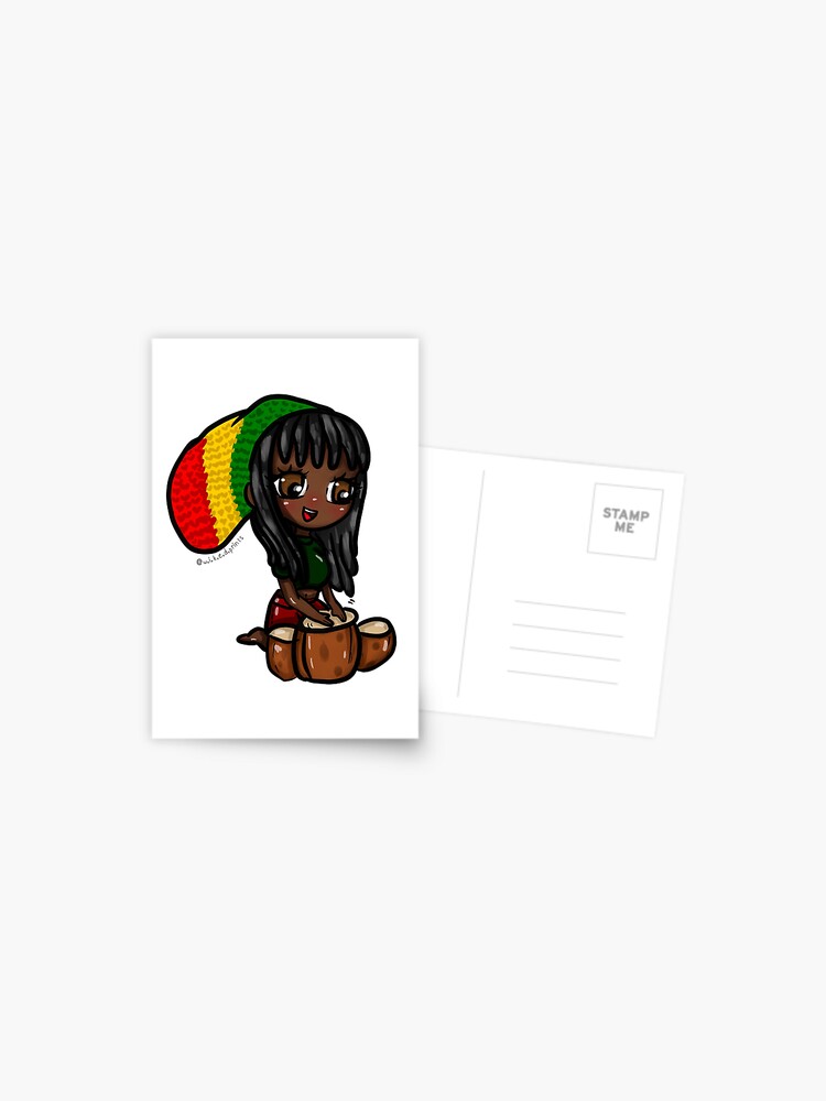 Carte Postale Jamaicain Fille Chibi Fille Chibi Batterie Rasta Vert Rouge Jaune Yeux Bruns Peau Foncee Dreadlocks Par Wickedprints Redbubble