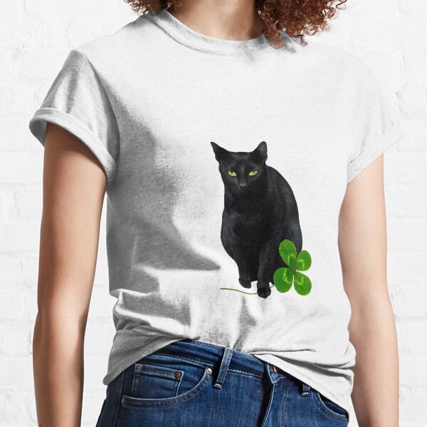 Black Cat with Four Leaf Clover Classic T-Shirt