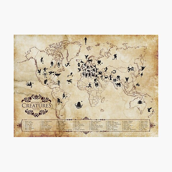 Mythical Creatures, and where to find them - Map Photographic Print