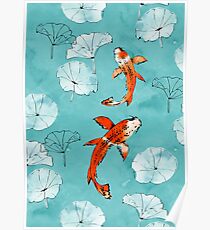 Waterlily Koi in Türkis Poster