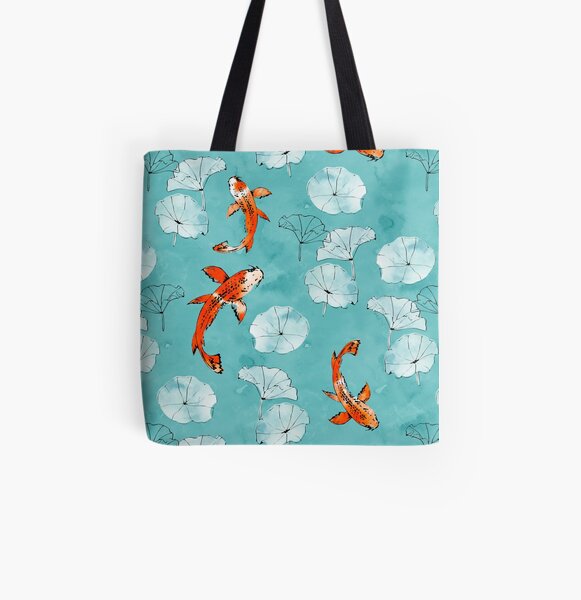 Waterlily koi in turquoise All Over Print Tote Bag