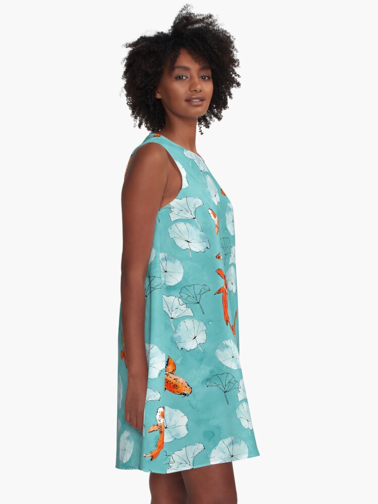 Alternate view of Waterlily koi in turquoise A-Line Dress