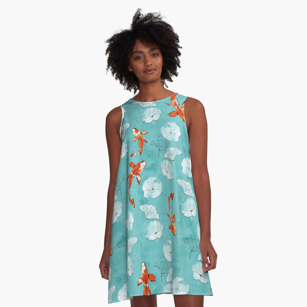 Waterlily koi in turquoise A-Line Dress