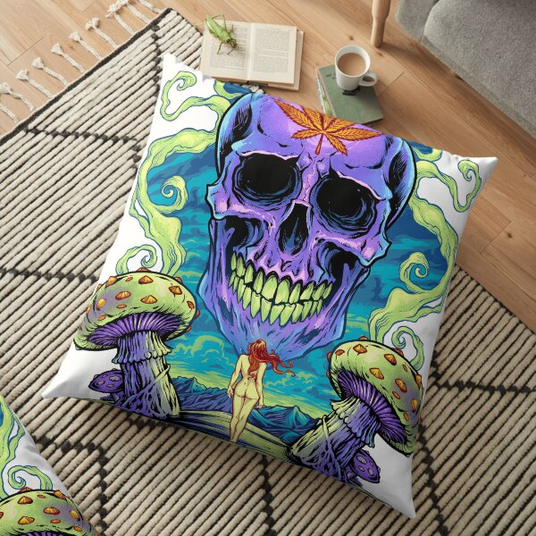 Purple Cannabis Skull with Mushrooms Floor Pillow