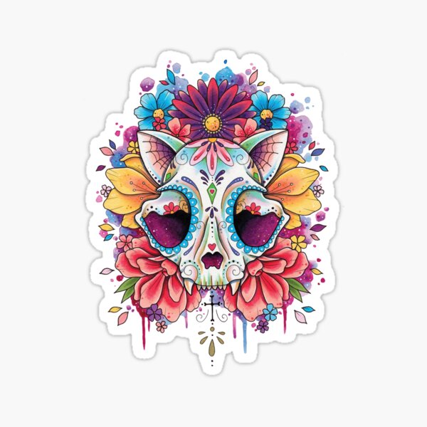 Sugar Cat Skull watercolor design Sticker