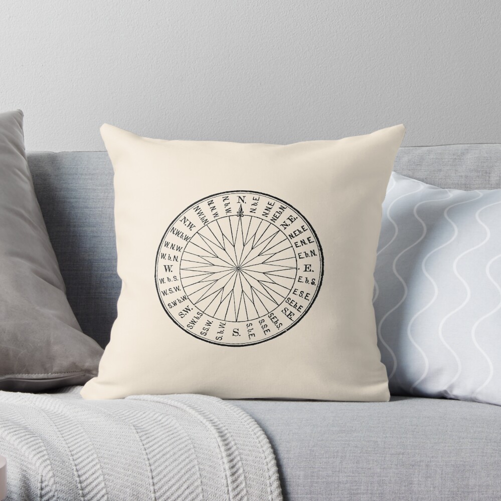 Vintage Nautical Navigation Dial, Black on Almond Cream Throw Pillow