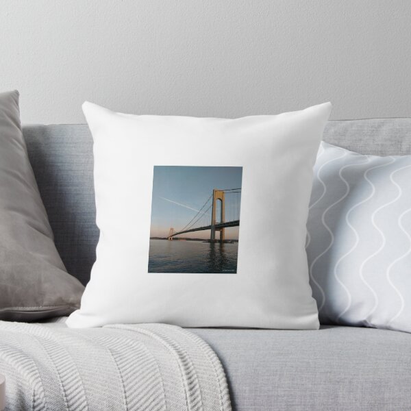 famous place, international landmark, Fort Wadsworth, New York City, USA, american culture, suspension bridge, water, architecture, river Throw Pillow