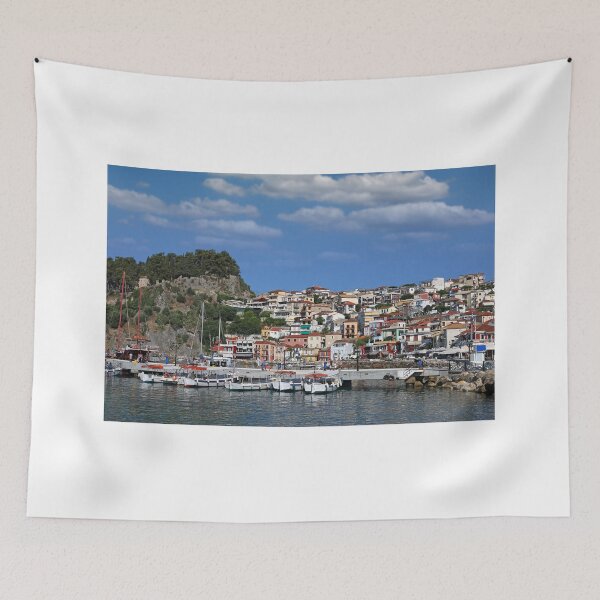 Item preview, castle on hill and old colorful buildings Parga Greece designed and sold by goceris.